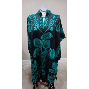 Vintage Mexican Poncho Black & Teal Floral Embroidered Wool Blend One Size Fits
